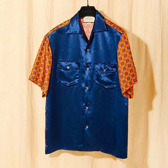 GUCCI Unisex Navy Orange Satin Silk Print Short Sleeve Shirt